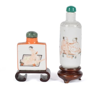 TWO ANTIQUE CHINESE PORCELAIN EROTICA SNUFF BOTTLES.