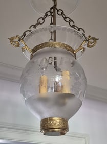 ANTIQUE ETCHED GLASS HANGING FOYER LIGHT.