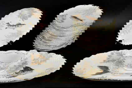 FINE 15PC ANTIQUE LIMOGES FISH SERVING SET.