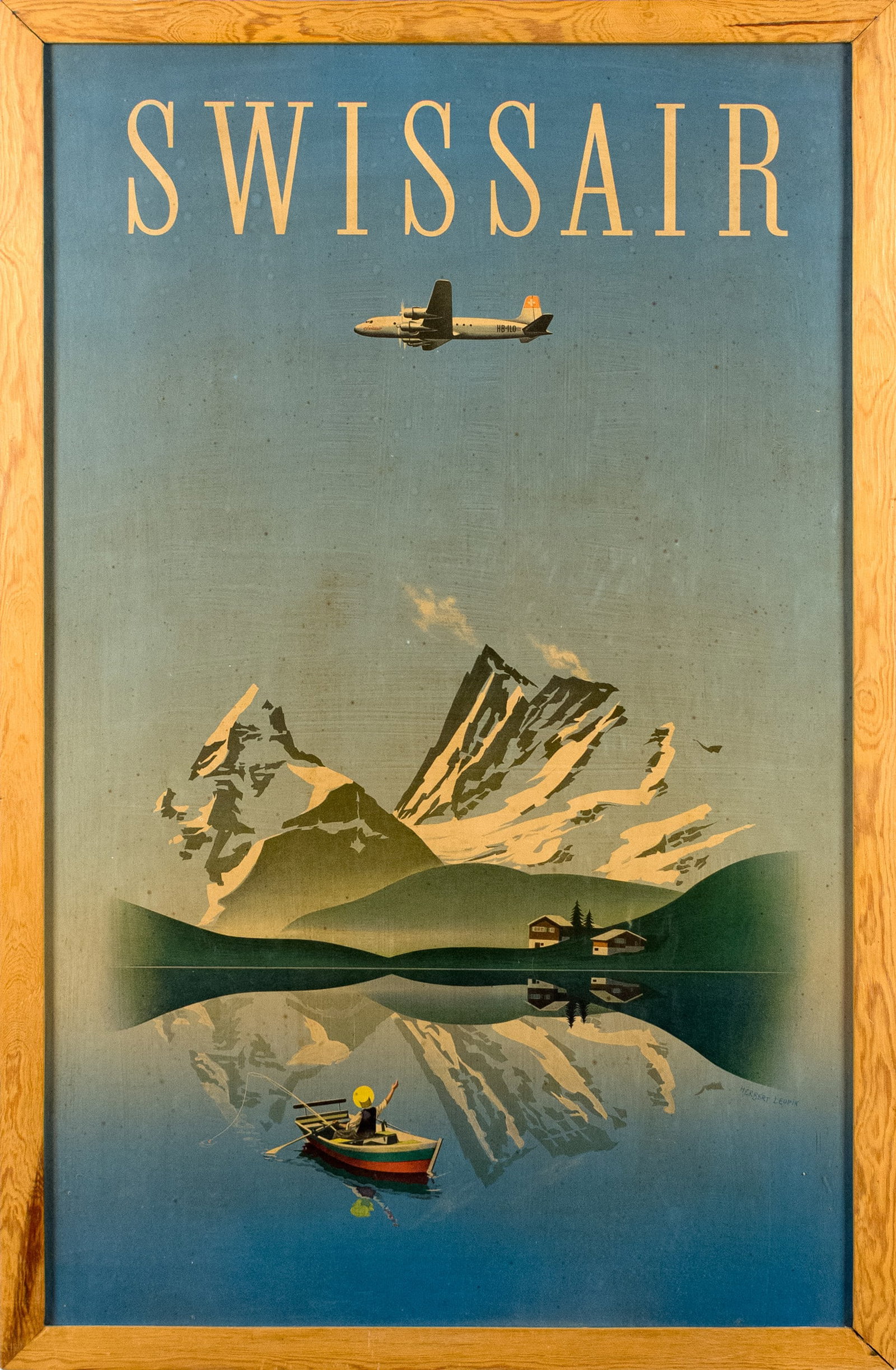 VINTAGE SWISSAIR HERBERT LEUPIN TRAVEL POSTER.: A ca. 1950 Swissair travel poster by Herbert Leupin. Image 38” x 24”, Overall in frame 41” x 26.5”.