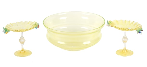 VINTAGE VENETIAN GLASS CENTER BOWL AND COMPOTES.