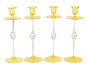 FOUR VINTAGE VENETIAN GLASS CANDLESTICKS.
