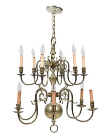 12 BRANCH VINTAGE BRASS HANGING CHANDELIER.