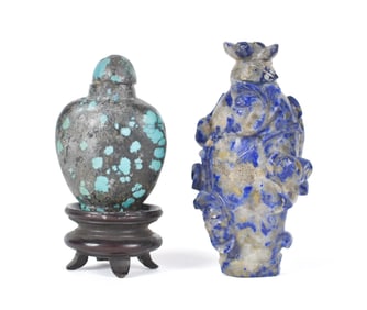 LAPIS LAZULI AND TURQUOISE CHINESE SNUFF BOTTLES.