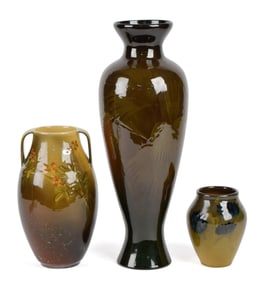 THREE ARTIST SIGNED ROOKWOOD POTTERY VASES.
