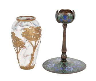 HEUBACH OVERLAY VASE AND ENAMELED BRONZE CANDLESTICK.
