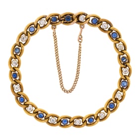 ANTIQUE ENGLISH 15K GOLD SAPPHIRE & DIAMOND BRACELET.