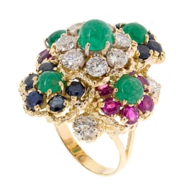 18K GOLD EMERALD, SAPPHIRE, RUBY & DIAMOND RING.
