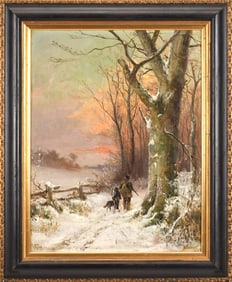 HENRY M. PAGE OIL, WINTER LANDSCAPE WITH HUNTERS.