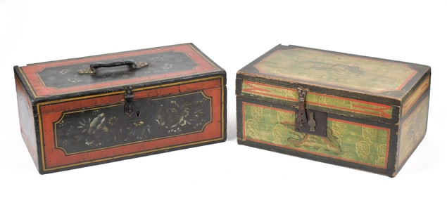 TWO 19TH C. PAINT DECORATED DOCUMENT BOXES.