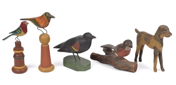ANTIQUE PAINTED AND CARVED BIRDS AND DOG, 5 PCS.