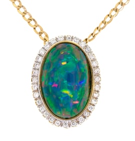 14K GOLD BLACK ETHIOPIAN OPAL & DIAMOND NECKLACE.