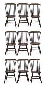 NINE 19TH C. SIGNED & PAINTED WINDSOR SIDE CHAIRS.