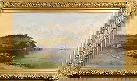 IMPORTANT A.T. BRICHER OIL, COASTAL LANDSCAPE.: Alfred Thompson Bricher (1837-1908) oil on canvas, coastal landscape with two figures at water’s edge, sailboats, and haystacks, signed lower left A.T. Britcher. Likely depicts Grand Manan, which Br