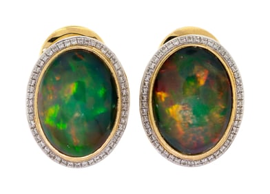 14K GOLD BLACK ETHIOPIAN OPAL & DIAMOND EARRINGS.