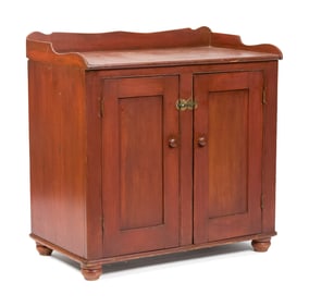 19TH C. RED PAINTED AMERICAN SORTING CUPBOARD.