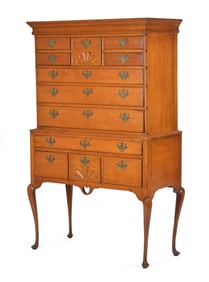 18TH C. QUEEN ANNE COASTAL MAPLE HIGHBOY.