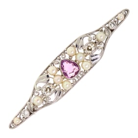 ANTIQUE PLATINUM PINK SAPPHIRE, DIAMOND & PEARL PIN.
