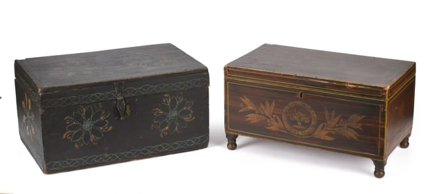 TWO 19TH C. PAINT DECORATED DOCUMENT BOXES.