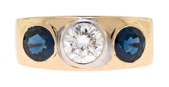 14K GOLD DIAMOND & SAPPHIRE 3-STONE RING.