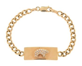 14K GOLD VAIL, CO GOLDEN BEAR DIAMOND ID BRACELET.