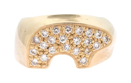 14K GOLD VAIL, CO GOLDEN BEAR PAVE DIAMOND RING.