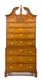 18TH C. CT BONNET TOP CHERRY CHEST ON CHEST.