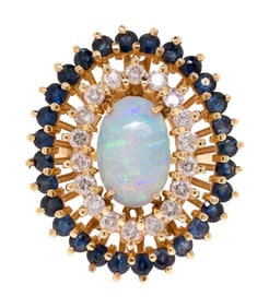 14K GOLD OPAL, SAPPHIRE & DIAMOND COCKTAIL RING.