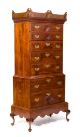 18TH C. DUNLAP SCHOOL MAPLE CHEST ON CHEST ON FRAME.