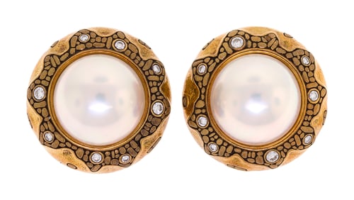 18K GOLD ALEX SEPKUS MABE PEARL & DIAMOND EARRINGS.