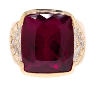 14K GOLD 16 CT. RUBELLITE TOURMALINE & DIAMOND RING.