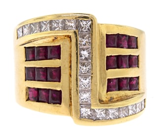 18K GOLD WIDE CHANNEL SET RUBY & DIAMOND BAND.