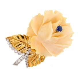 CARTIER 18K GOLD CARVED ROSE SAPPHIRE & DIAMOND PIN.