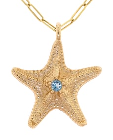 14K GOLD AQUAMARINE STARFISH PENDANT & CHAIN.