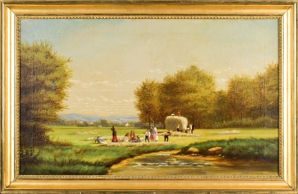 ANTIQUE PRIMITIVE OIL, HAYING.