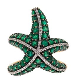 18K GOLD EMERALD & DIAMOND STARFISH RING.