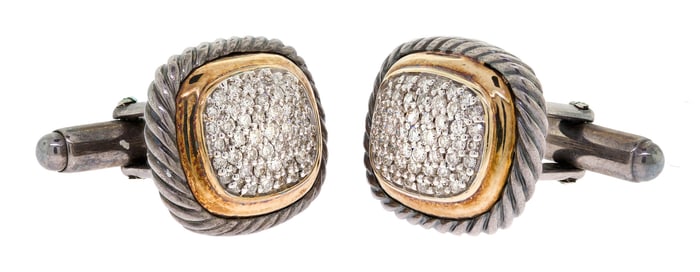 DAVID YURMAN STERLING & 18K GOLD DIAMOND CUFFLINKS.