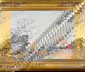 WALTER EMERSON BAUM OIL, SPRING IN LEHIGH COUNTY PA.: Walter Emerson Baum (1884-1956) oil on canvas board, titled on back 'Spring, Lehigh County', and signed lower left, Baum. Board 16” x 20”, Frame 22” x 26”.