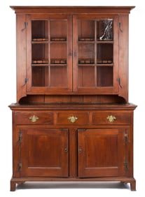 18TH C. INLAID TWO-PART PA WALNUT DUTCH CUPBOARD.