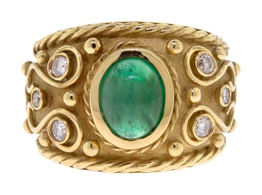 18K GOLD EMERALD CABOCHON & DIAMOND BAND.