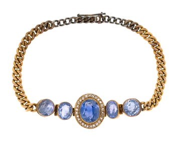 ANTIQUE 15K GOLD SAPPHIRE & DIAMOND BRACELET.