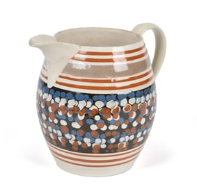 ANTIQUE MOCHA WARE PITCHER, POLKA DOTS.