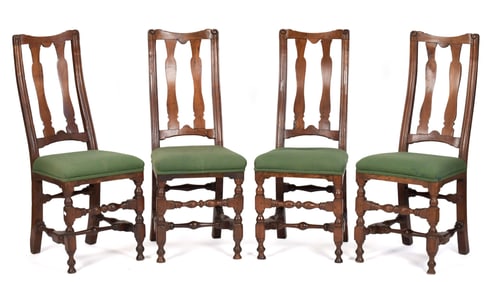 FOUR 18TH C. WALNUT CHAIRS.