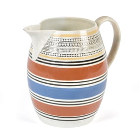 ANTIQUE MOCHA WARE PITCHER, BANDED.