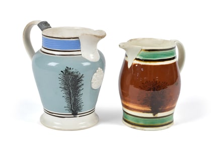 TWO ANTIQUE SMALL MOCHA WARE PITCHERS.