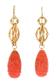 18K GOLD CARVED SALMON CORAL DROP EARRINGS.