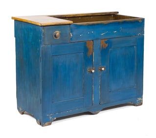 ANTIQUE PA POPLAR DRY SINK IN BLUE PAINT.
