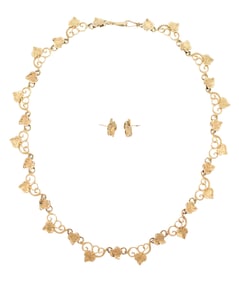 14K GOLD BUSHART GRAPE LEAF & VINE NECKLACE W/ STUDS.