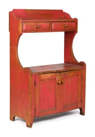 19TH C. RED PAINTED BUCKET BENCH.
