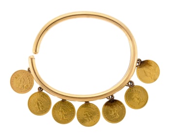 ANTIQUE 14K GOLD INDIAN PRINCESS COIN CUFF BRACELET.